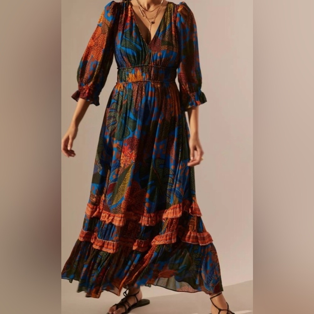 Farm Rio for Anthropologie Blue Tropical Maxi Dress Ruffle Tiered Boho size S
